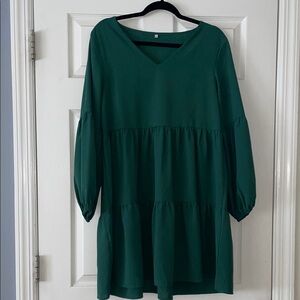 Green Babydoll Midi Dress with Bishop Sleeves